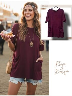 🌿Cherish Women's estimated Medium Short Sleeve Plum Purple Split Hem Tunic Top